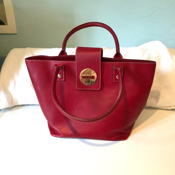 kate spade Handbags - Kate Spade Red Pebbled Leather Tote Gold Turn Key Front Close - Striped Interior